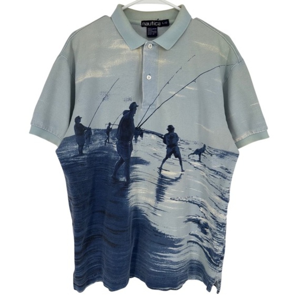Vintage Nautica AOP Surf Casting Fishing Polo Shirt Blue Nantucket Mens Large
